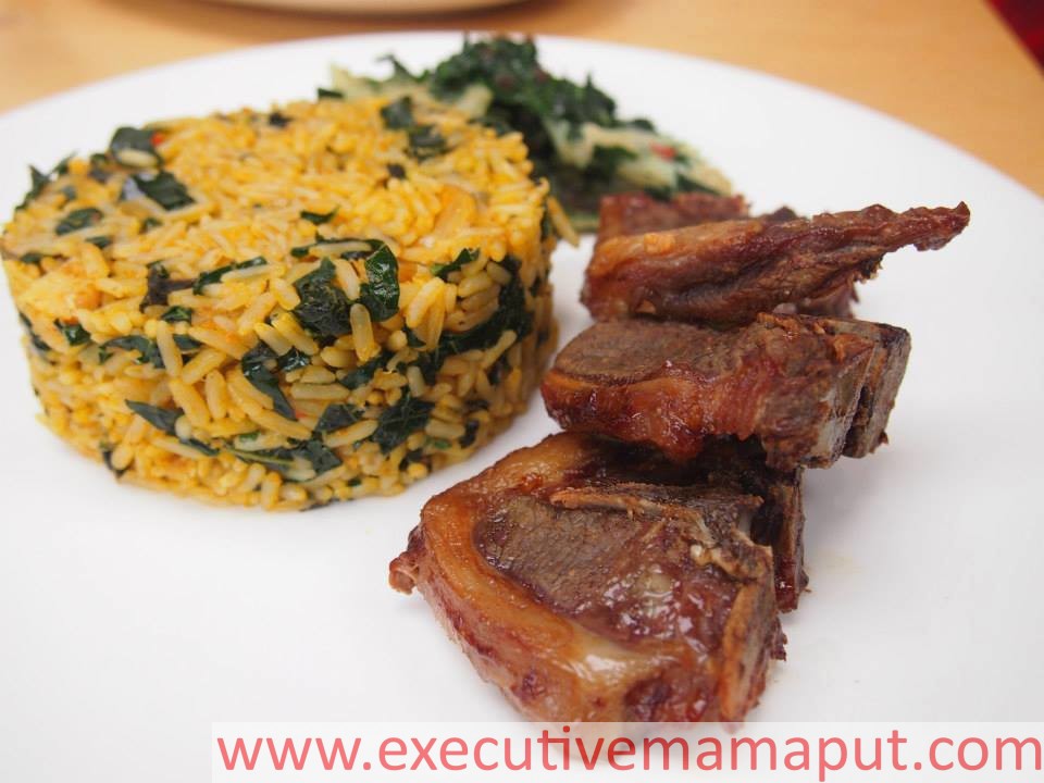 Lamb Chops, Iwuk Edesi (Native Jollof) & Stirfired Ugu & Stockfish