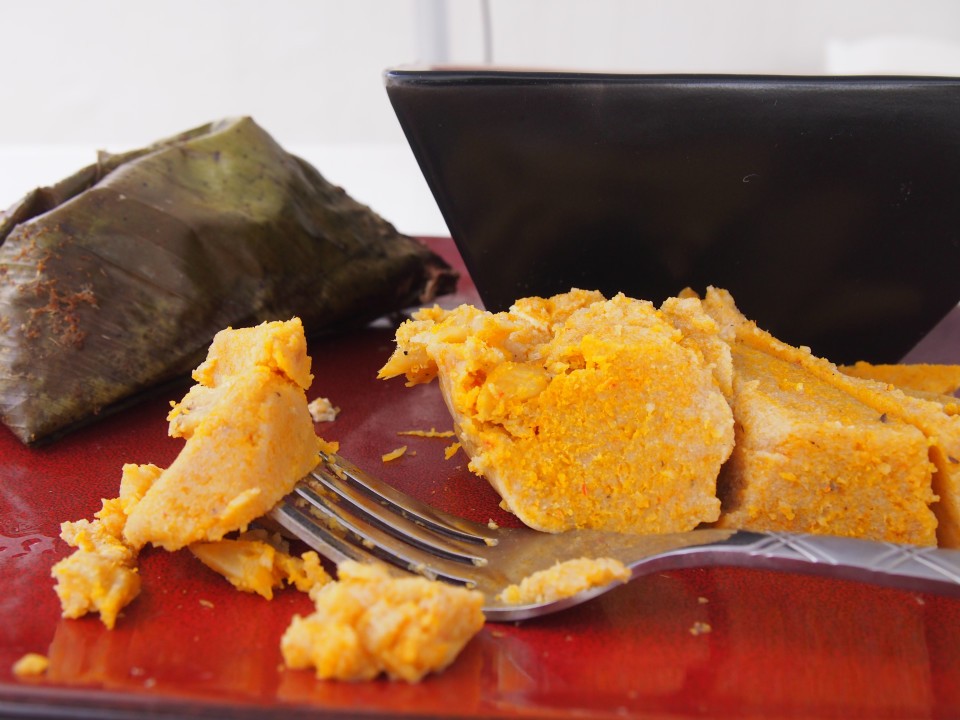 Palm Oil Moi-Moi steamed in leaves. Note the colour is different from the moi-moi made with bell peppers. 